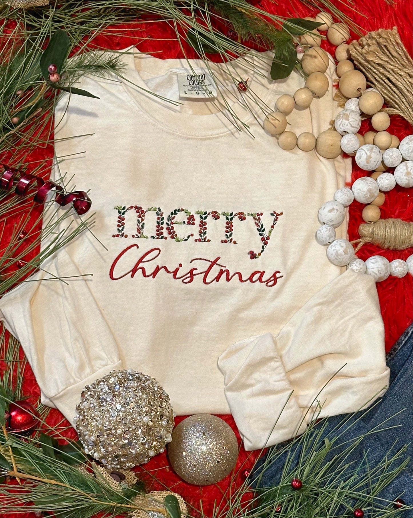 Embroidered Merry Christmas Long Sleeve Tee