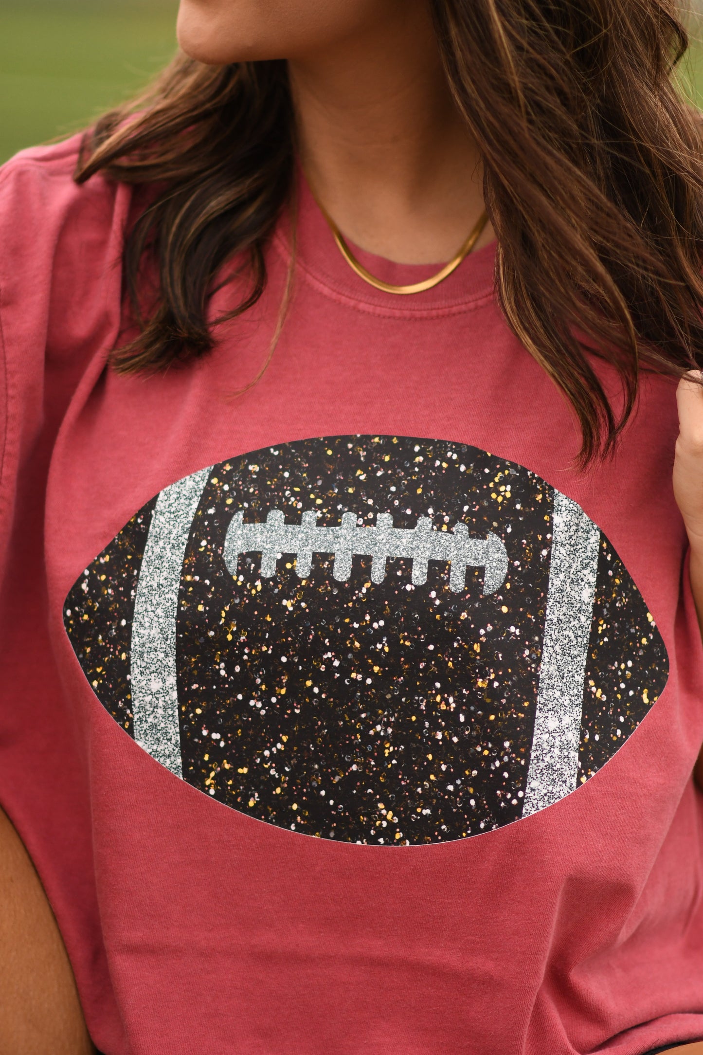 Crimson Faux Glitter Football Tee