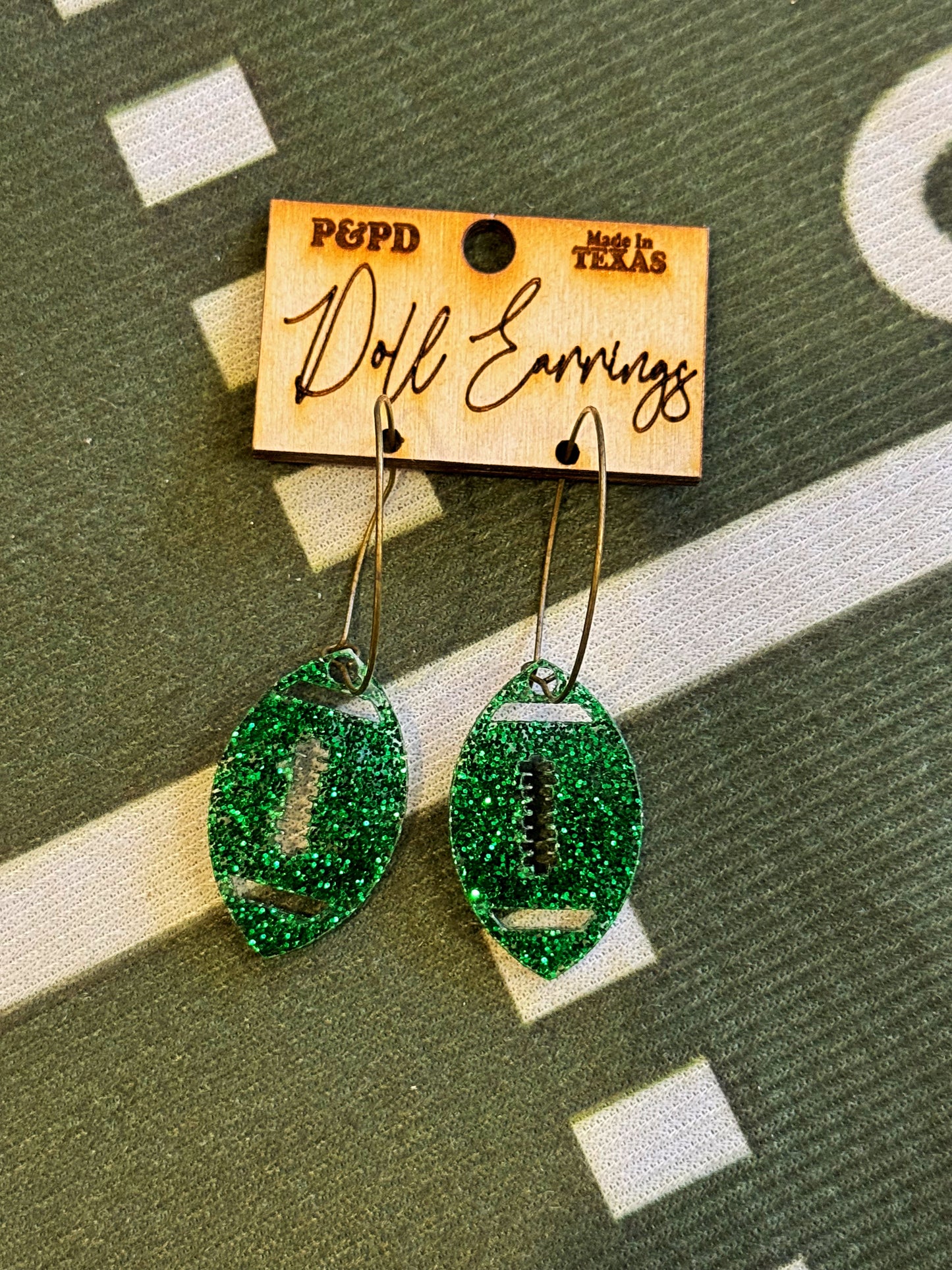 RTS Green Glitter Football Earrings