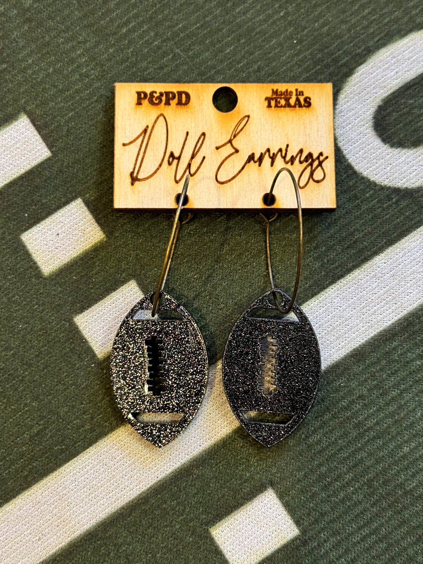 RTS Black Glitter Football Earrings